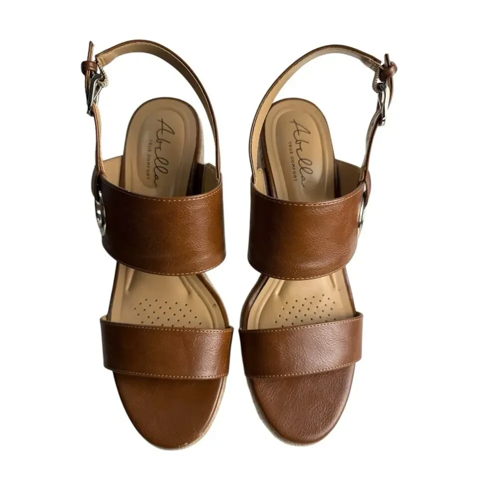 Abella True Comfort Taya Women's Size 9.5 Brown Faux Leather Wedge Buckle Sandal - Picture 2 of 8